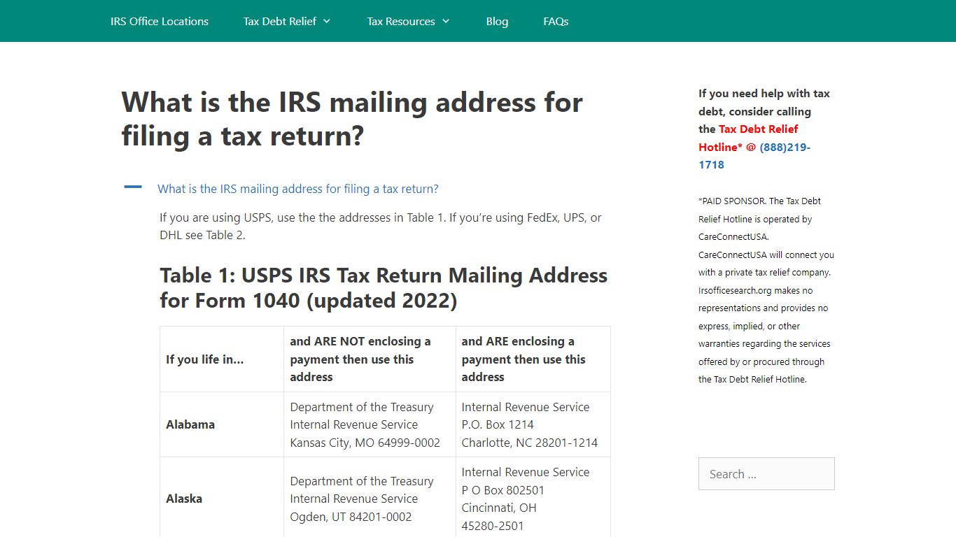 What is the IRS mailing address for filing a tax return?